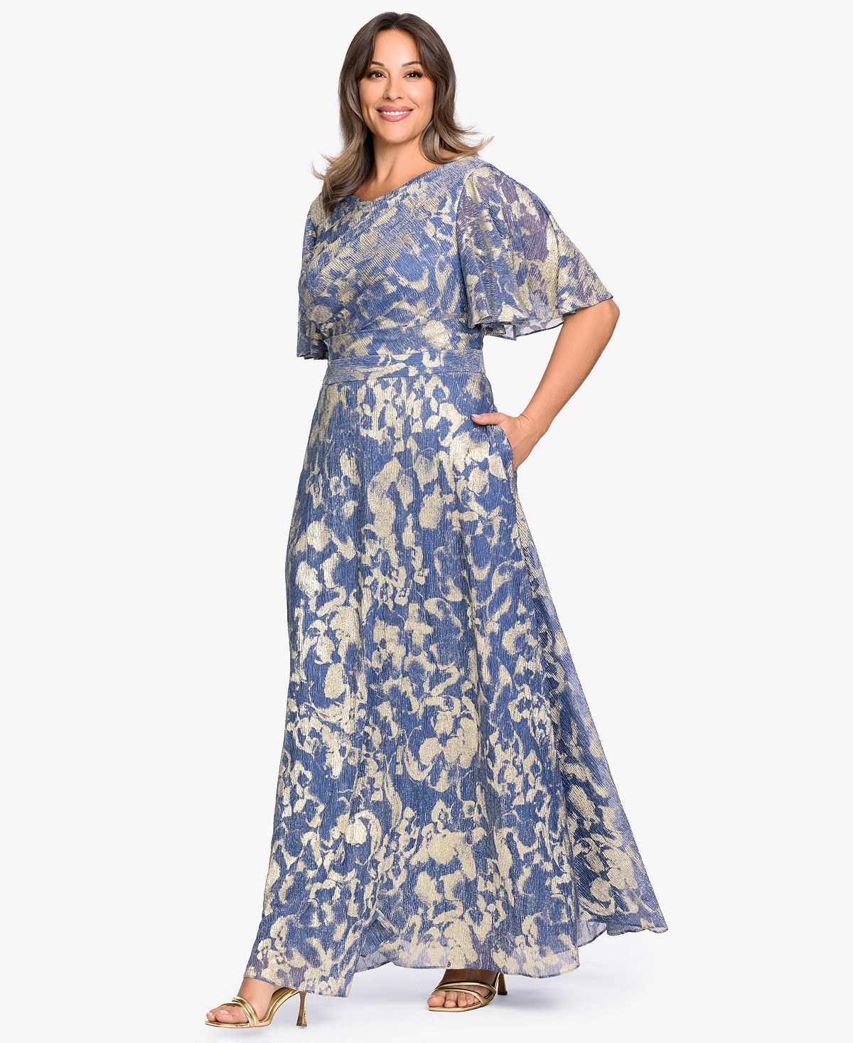 Betsy & Adam Plus Size V-Neck Foil Printed Gown view 3 — MAYCSS fashion products