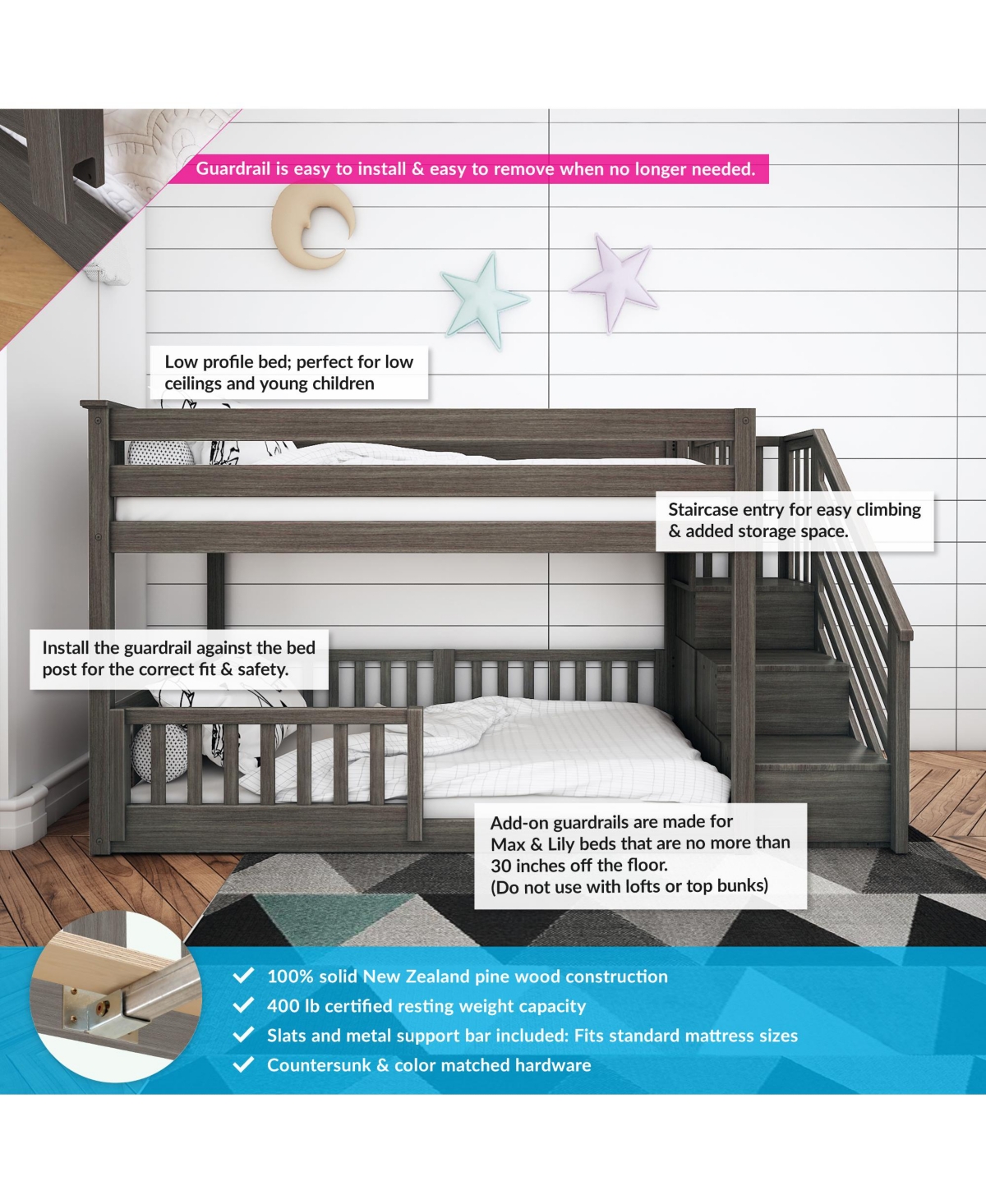 Max Lily Low Twin over Bunk with Stairs Single Guard Rail