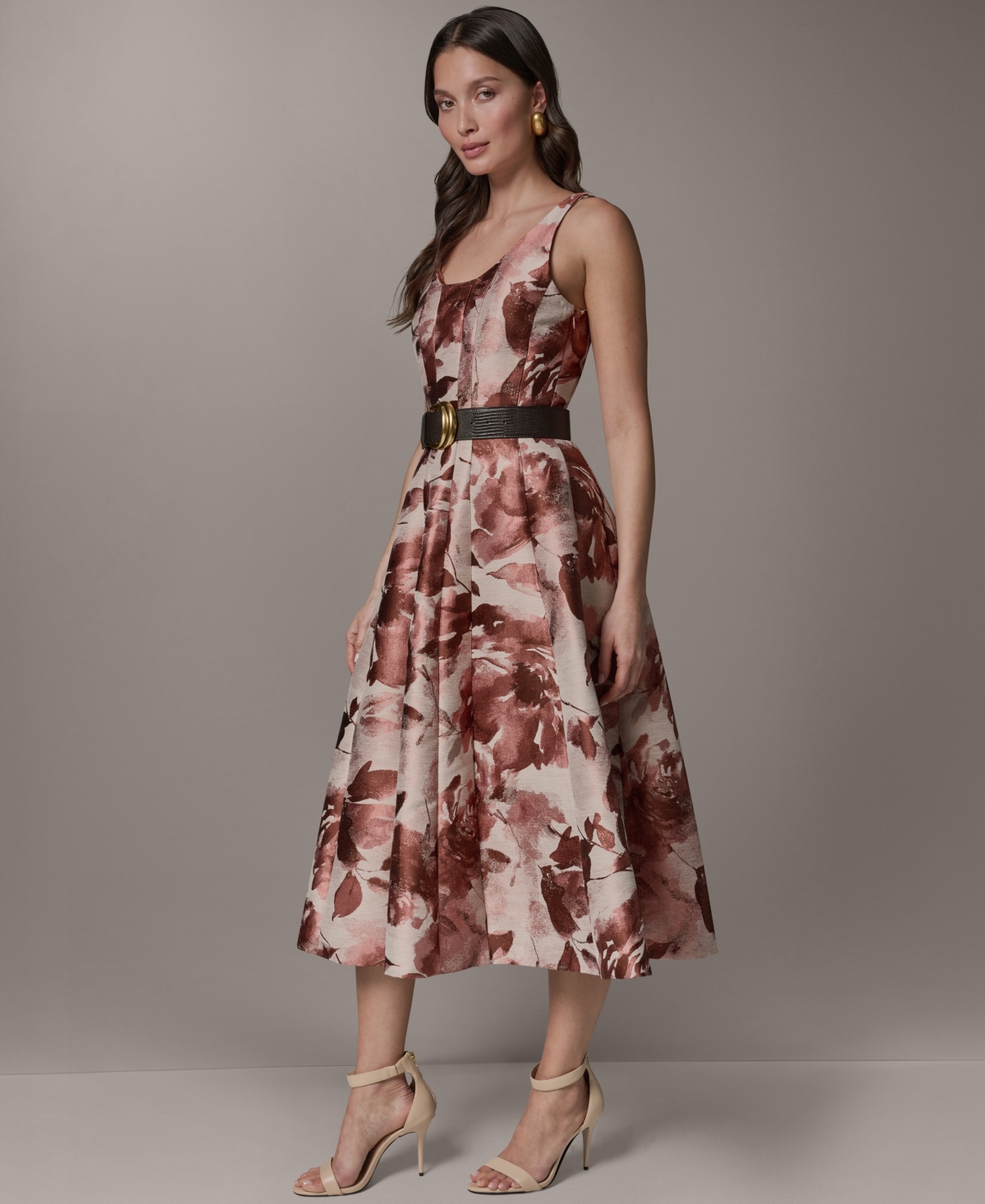 Donna Karan New York Women's Sleeveless Floral Jacquard Scoop Neck Midi A-Line Dress