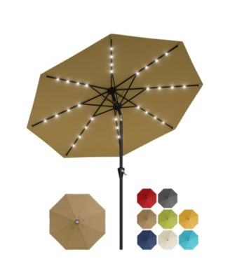 9FT Solar Patio Umbrella with 32 LED Lights, Outdoor Table Umbrella w/Crank Lift, Push Button Tilt and 8 Sturdy Ribs