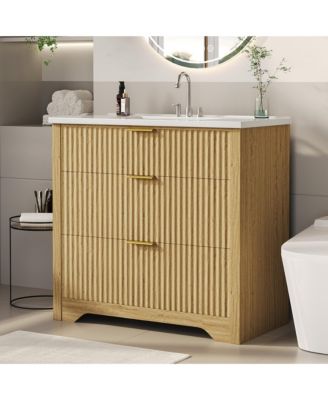 Fluted Bathroom Vanity with Ceramic Sink Freestanding Cabinet with Soft-Close Drawers and 1 Rotating-Down Drawer 36-In