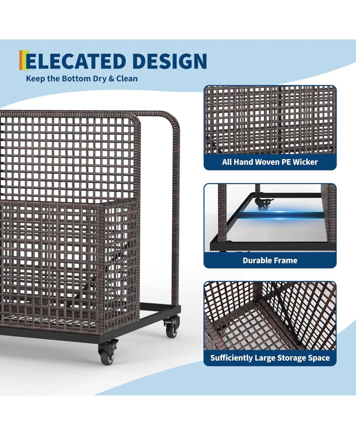 gaomon Outdoor Storage Organizer with Rolling Wheels, Wicker Rattan Pool Caddy and Toy Basket - All-Weather Pe for Poolside, Patio Deck