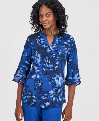 Women's Mixed-Media Tiered-Flutter-Sleeve Top
