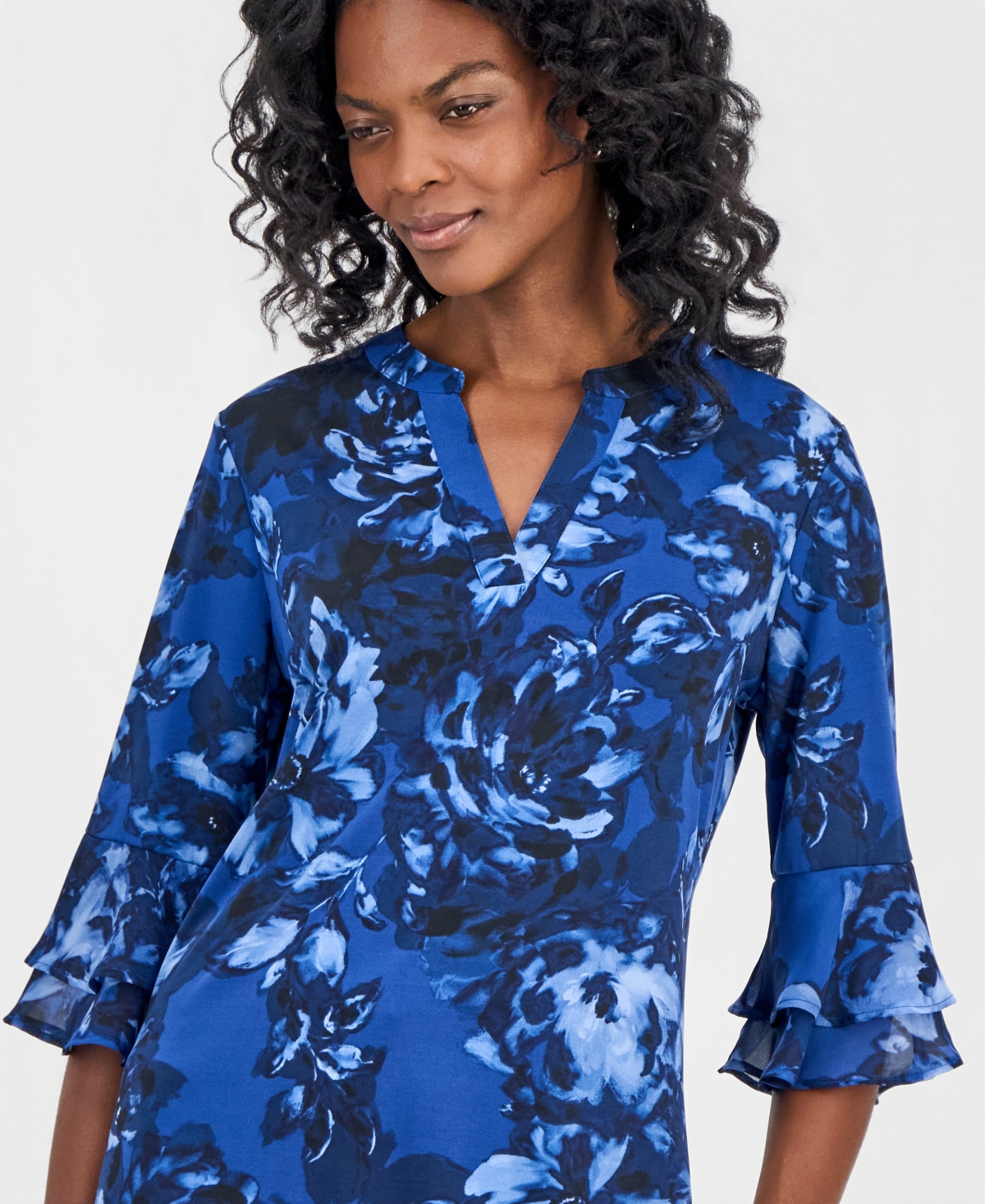 Kasper Petite Split Neck Flutter-Sleeve Blouse