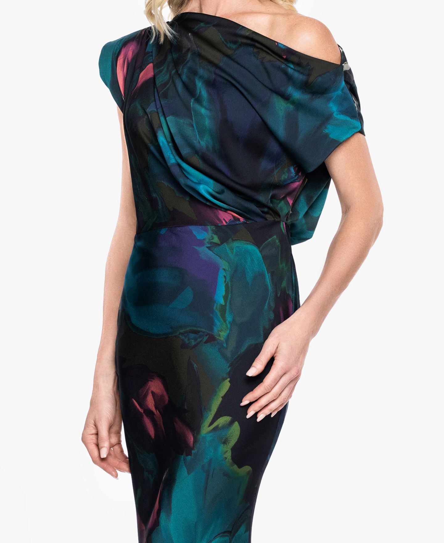 Женское платье Betsy & Adam One-Shoulder Printed Gown, цвет: Бирюзовый / Разноцветный — фото 3