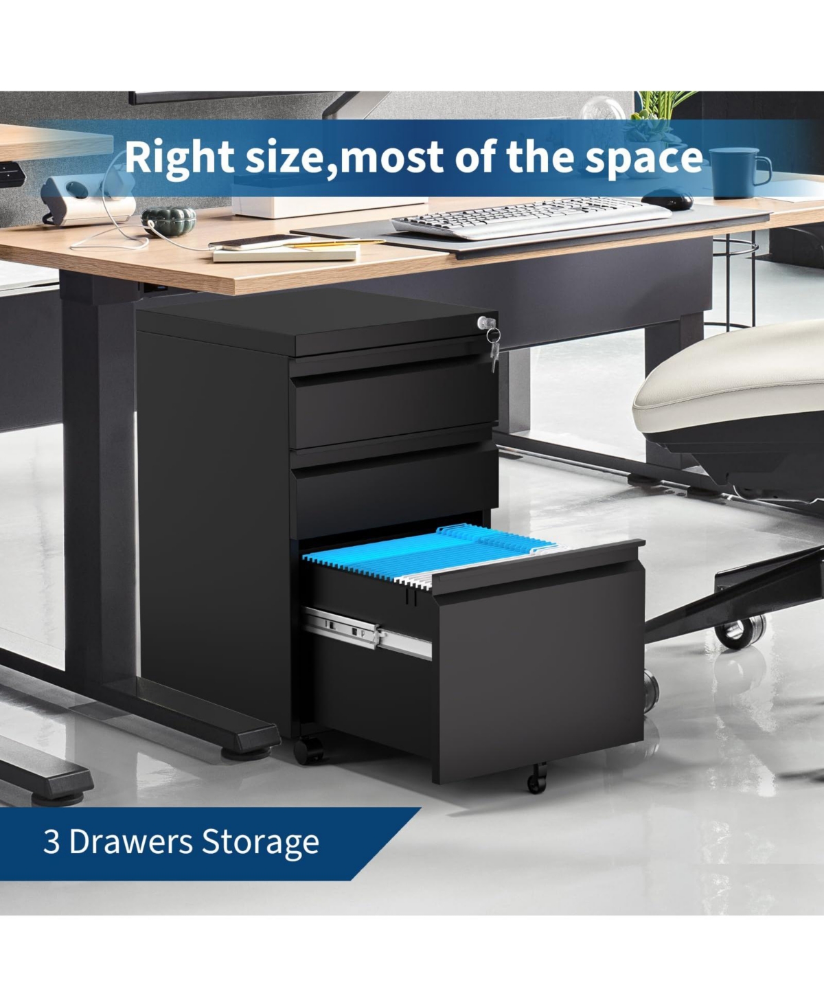 Gaomon Document 3-Drawer Mobile Metal Filing Cabinet with Lock, Document Storage Solution