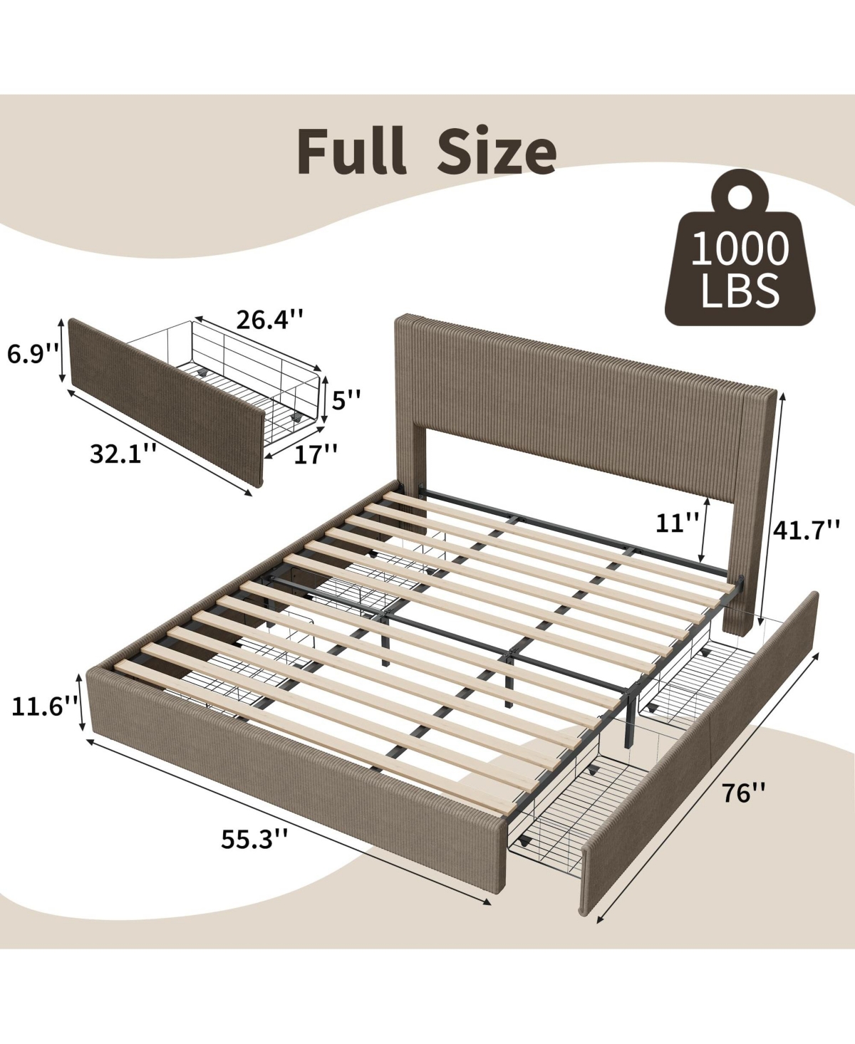 homfan Upholstered Platform Bed Frame with 4 Storage Drawers, Corduroy Channel Tufted Wingback Headboard