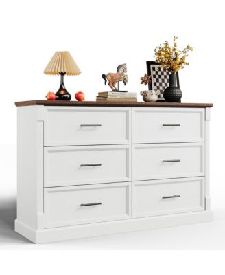 6-Drawer Dresser for Bedroom, Farmhouse Chest of Drawers with Metal Handles, Wide Storage Cabinet for Living Room Hallway