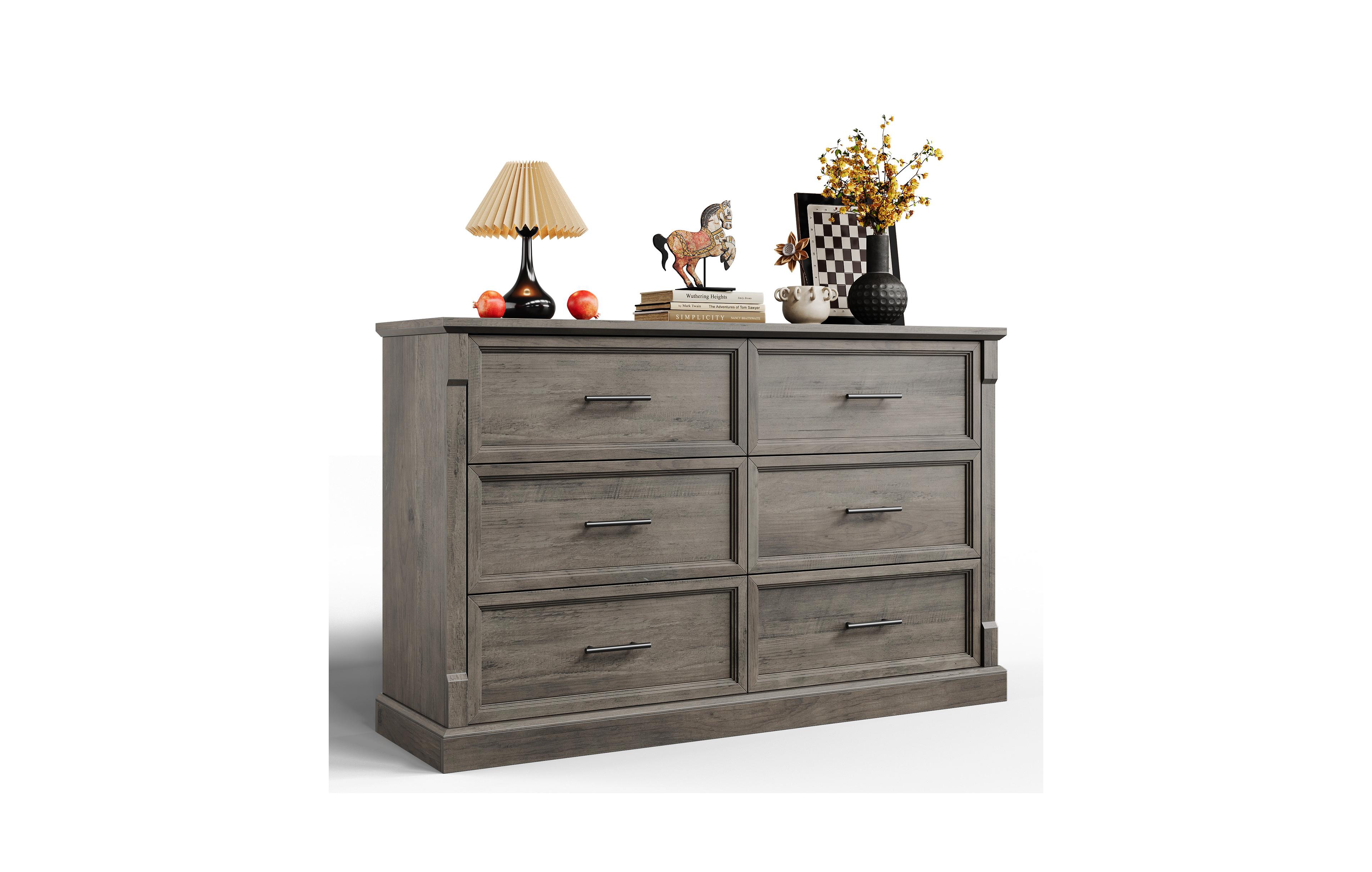 homfan 6-Drawer Dresser for Bedroom, Farmhouse Chest of Drawers with Metal Handles, Wide Storage Cabinet Living Room Hallway