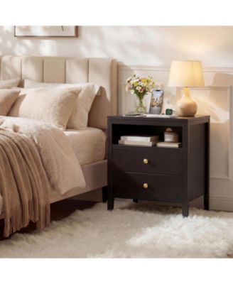 Wood Nightstand with Charging Station - 2 Drawers and Open Shelf, Modern Bedside Table with Metal Knobs for Bedroom, Living Room or Office