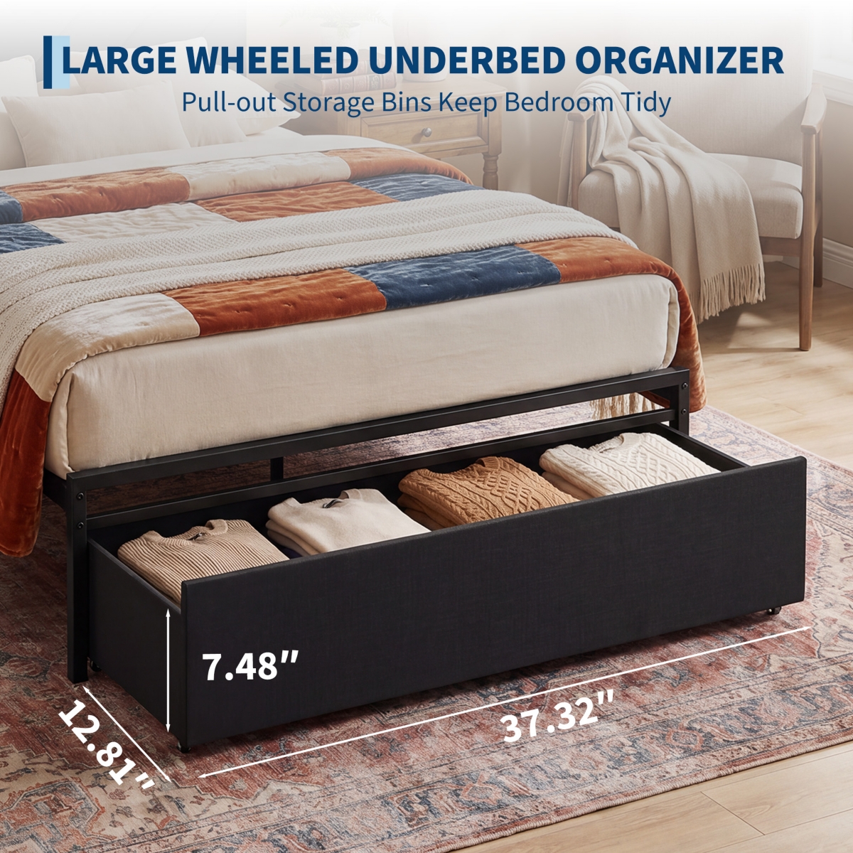 homfan Upholstered Metal Platform Bed Frame with Charging Station Headboard & 2 Rolling Under Storage Drawers