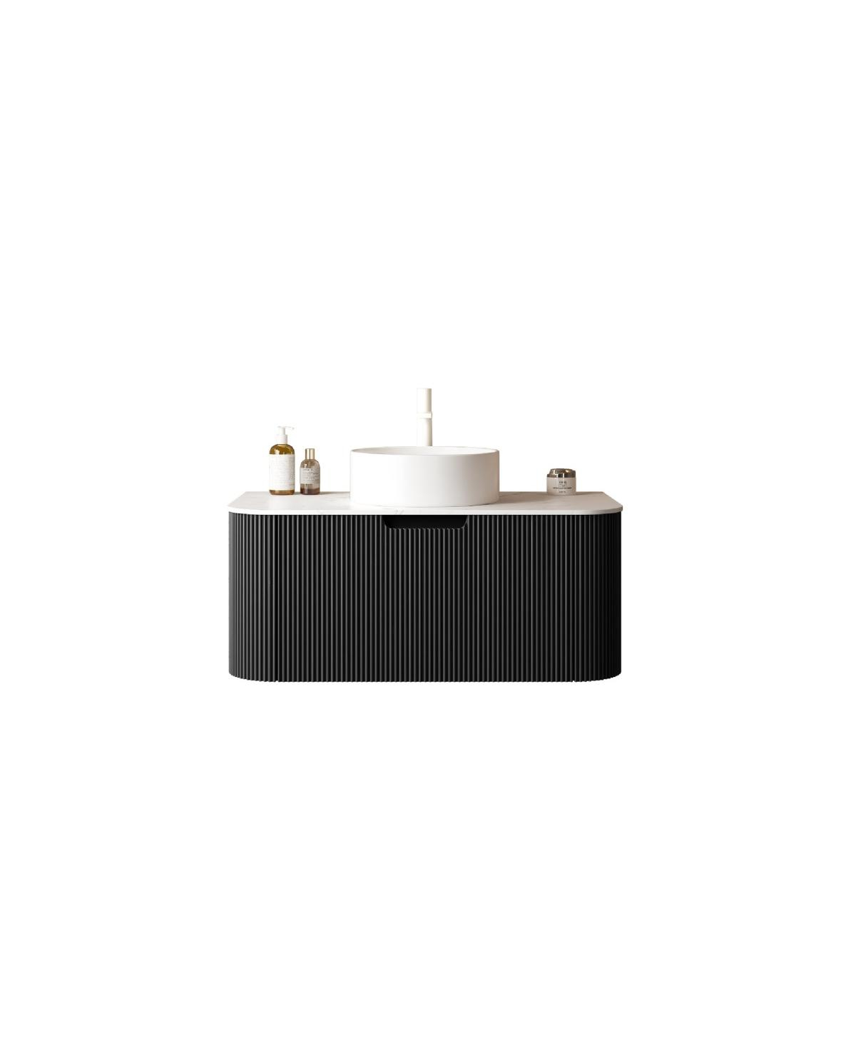 Sillysis Wall Mounted Bathroom Vanity with Sintered Stone Top, Round Ceramic Sink, Black Striped Drawer