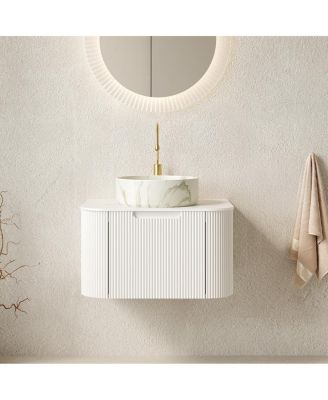 Wall Mounted Bathroom Vanity with White Sintered Stone Top, Round Ceramic Bowl Sink, Pre-assembled