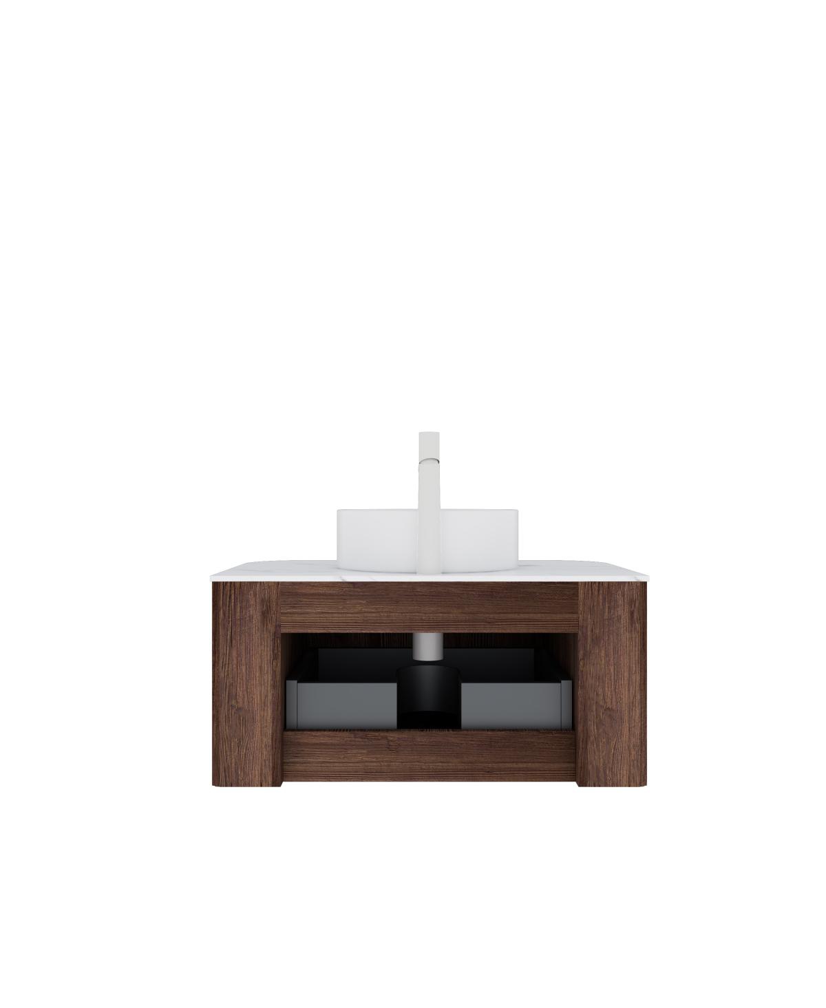 Sillysis Wall Mounted Bathroom Vanity with Artificial Marble Top, Round Ceramic Sink, Walnut Striped Drawer