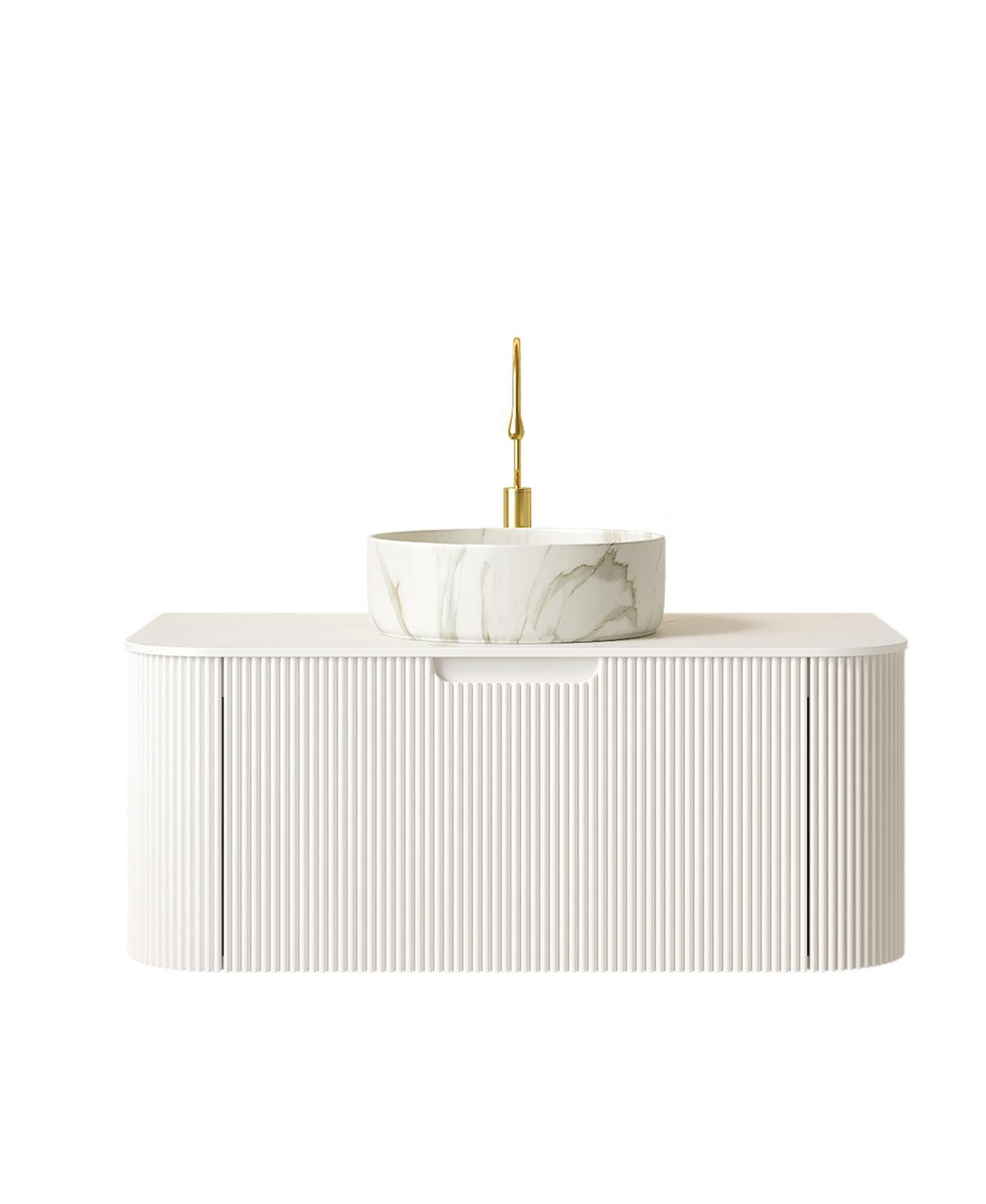 Sillysis Wall Mounted Bathroom Vanity with White Sintered Stone Top, Round Ceramic Bowl Sink