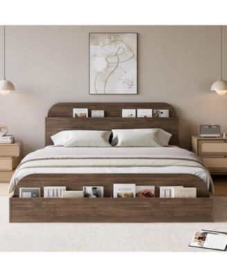 Bed Frame, Wooden Beds with Storage Headboard and Raised-Foodboard, Floor Low Platform Bed for Bedroom, No Box Spring Needed