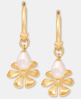 Pav&eacute; Flower & Imitation Pearl Charm Hoop Earrings