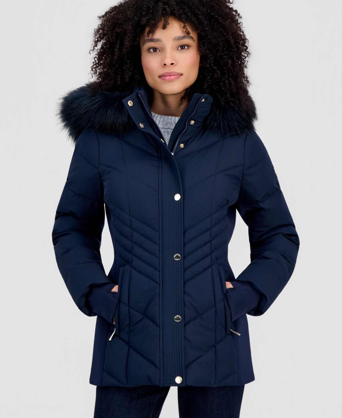 Michael Michael Kors Women's Faux-Fur-Trim Hooded Puffer Coat, Created for Macy's - Midight Blue