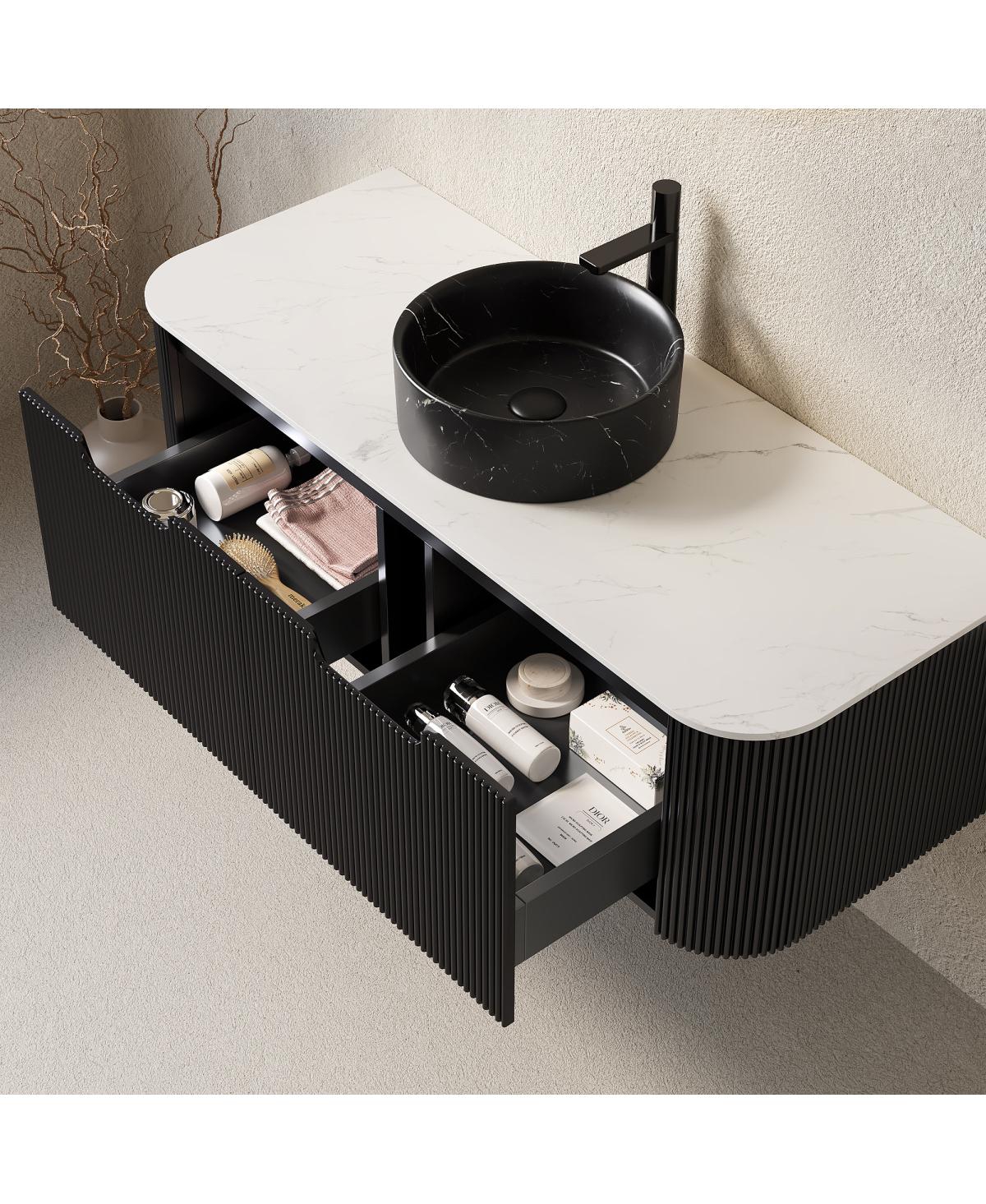 Sillysis Wall Mounted Bathroom Vanity with Sintered Stone Top, Ceramic Round Sink, Stripe Drawer
