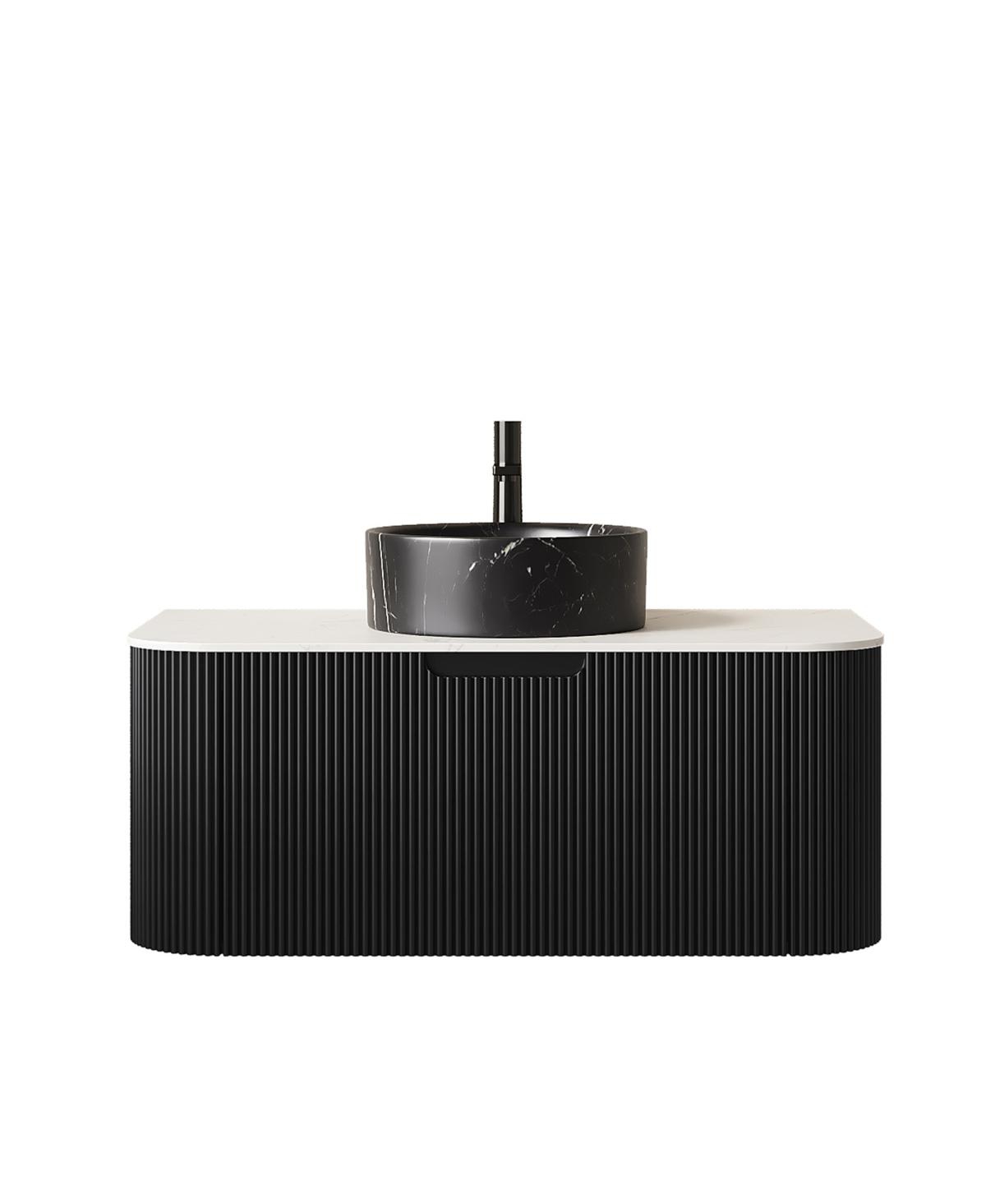 Sillysis Wall Mounted Bathroom Vanity with Sintered Stone Top, Ceramic Round Sink, Stripe Drawer