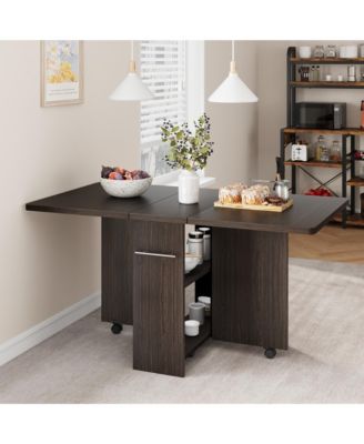 Space Saving Folding Dining Table with 2 Tier Storage-Extendable Drop Leaf Farmhouse Kitchen Dining Room Tables Collapsible Expandable