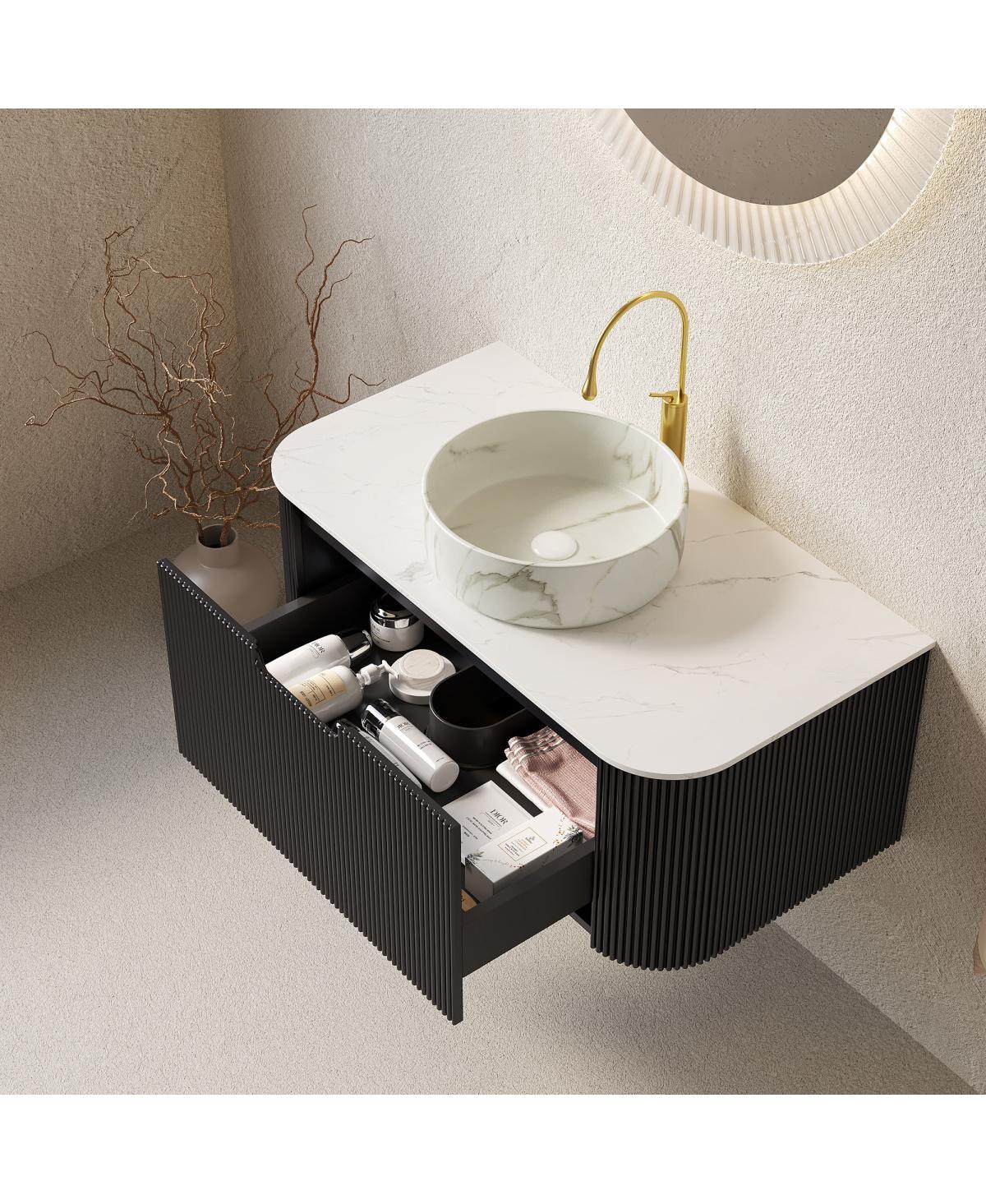Sillysis Wall Mounted Bathroom Vanity with Carrara Sintered Stone Top, Round Ceramic Sink, Stripe Drawer