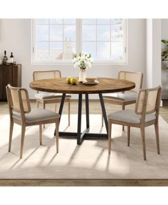 Round Large Dining Table, Wooden Kitchen Table Set for 4 to 6, Industrial Dinner Table with Wooden Top and Metal Base for Home Dining Room