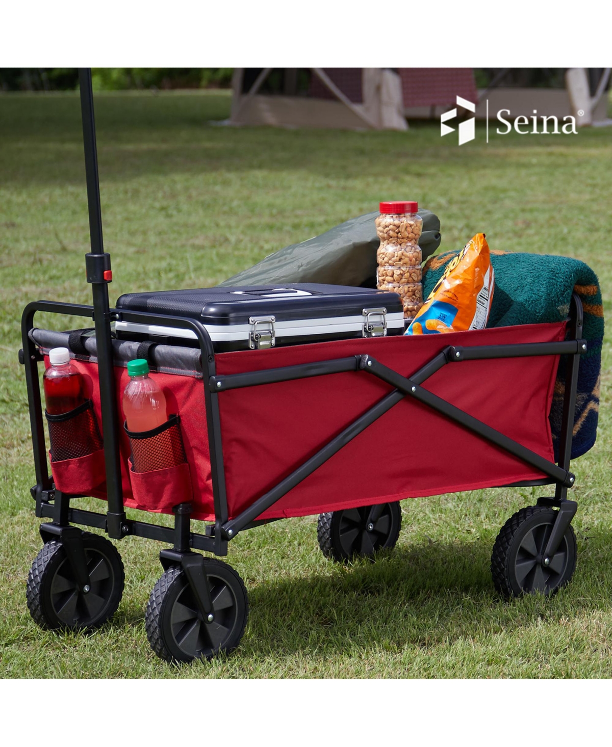 Seina 150lb Capacity Folding Collapsible Steel Utility Wagon Cart, Red/Gray