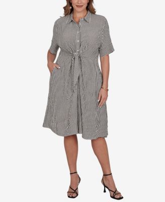 Plus Size Striped Gauze Tie Waist Shirt-Dress