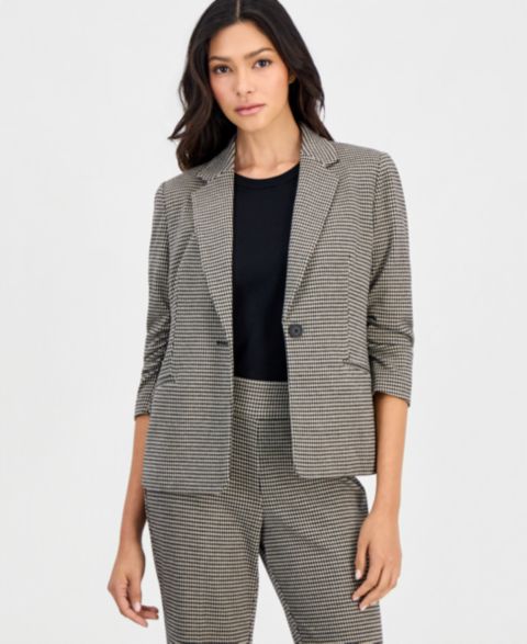 Женский пиджак Anne Klein Essentials Petite Houndstooth Scrunch-Sleeve Blazer, цвет: Чёрный