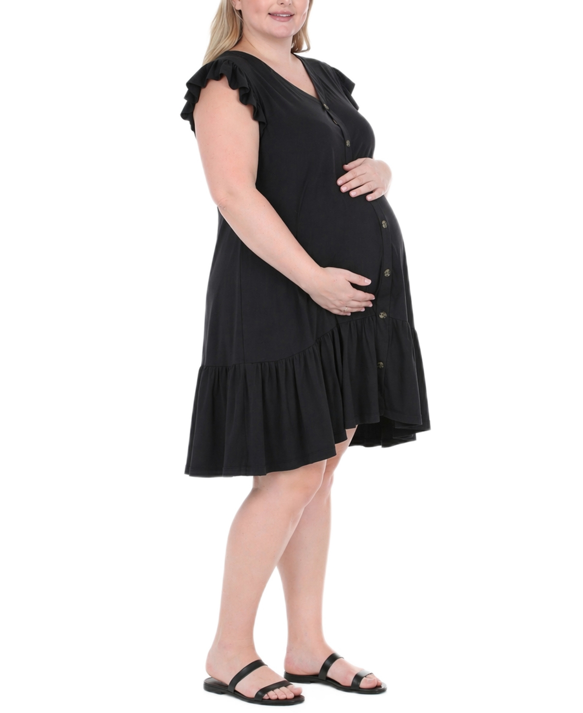 White Mark Plus Flutter-Sleeve Button-Front Tiered Maternity Dress