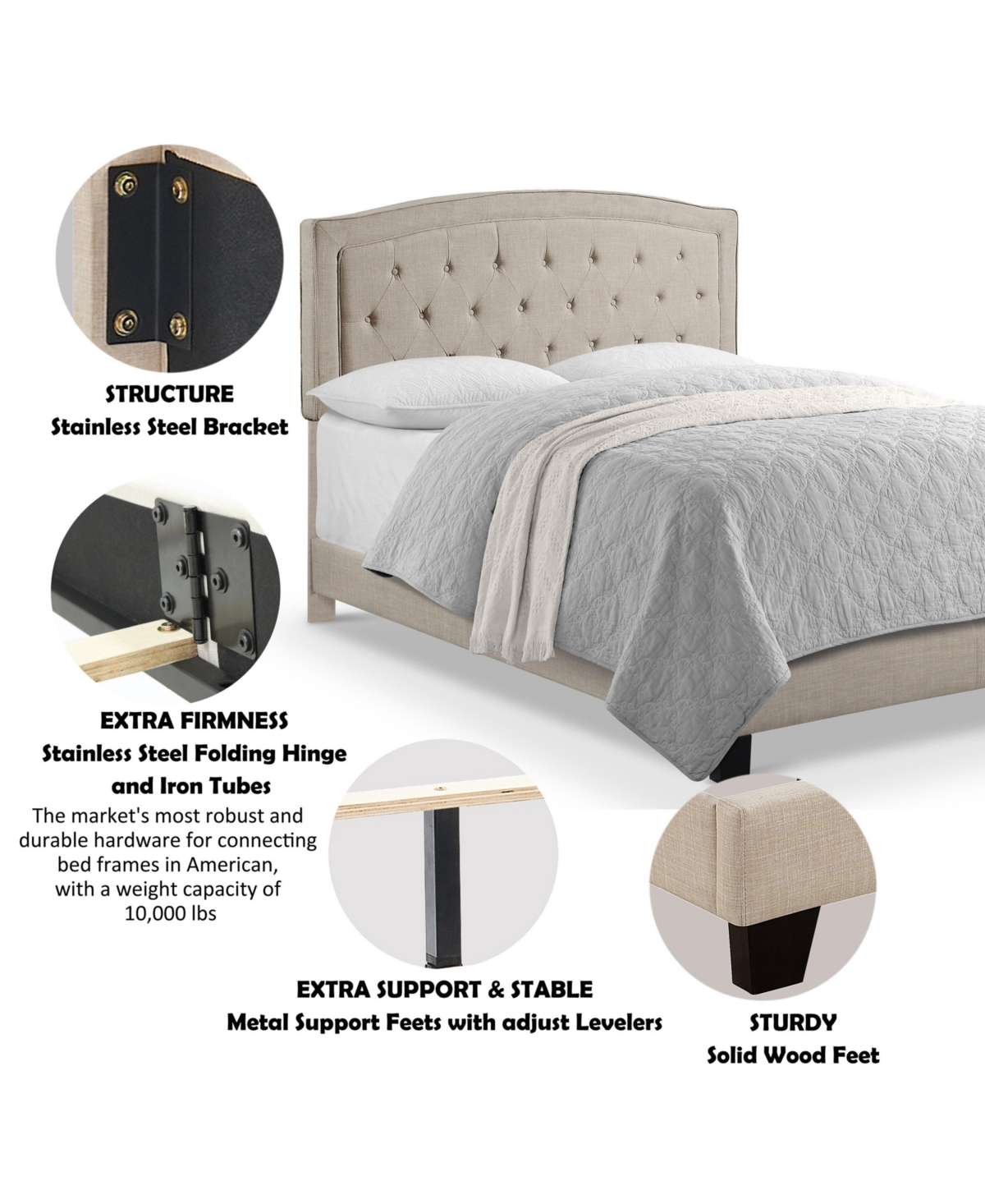 Boyel Living Upholstered Bed with Curved Button Tufted Headboard Modern Platform Frame Solid Wood Structure