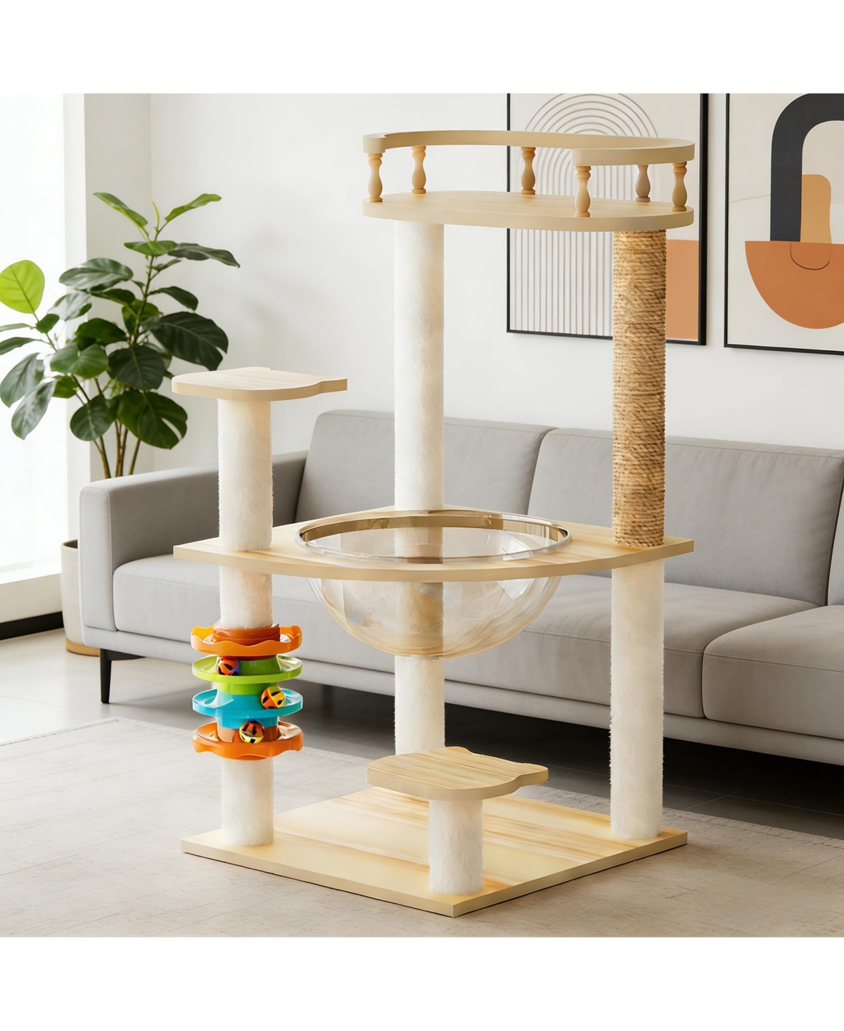 Aostirmotor 32.2" Modern Cat Tree with Scratching Posts, Perch, Acrylic Hammock & Toys for All Cats