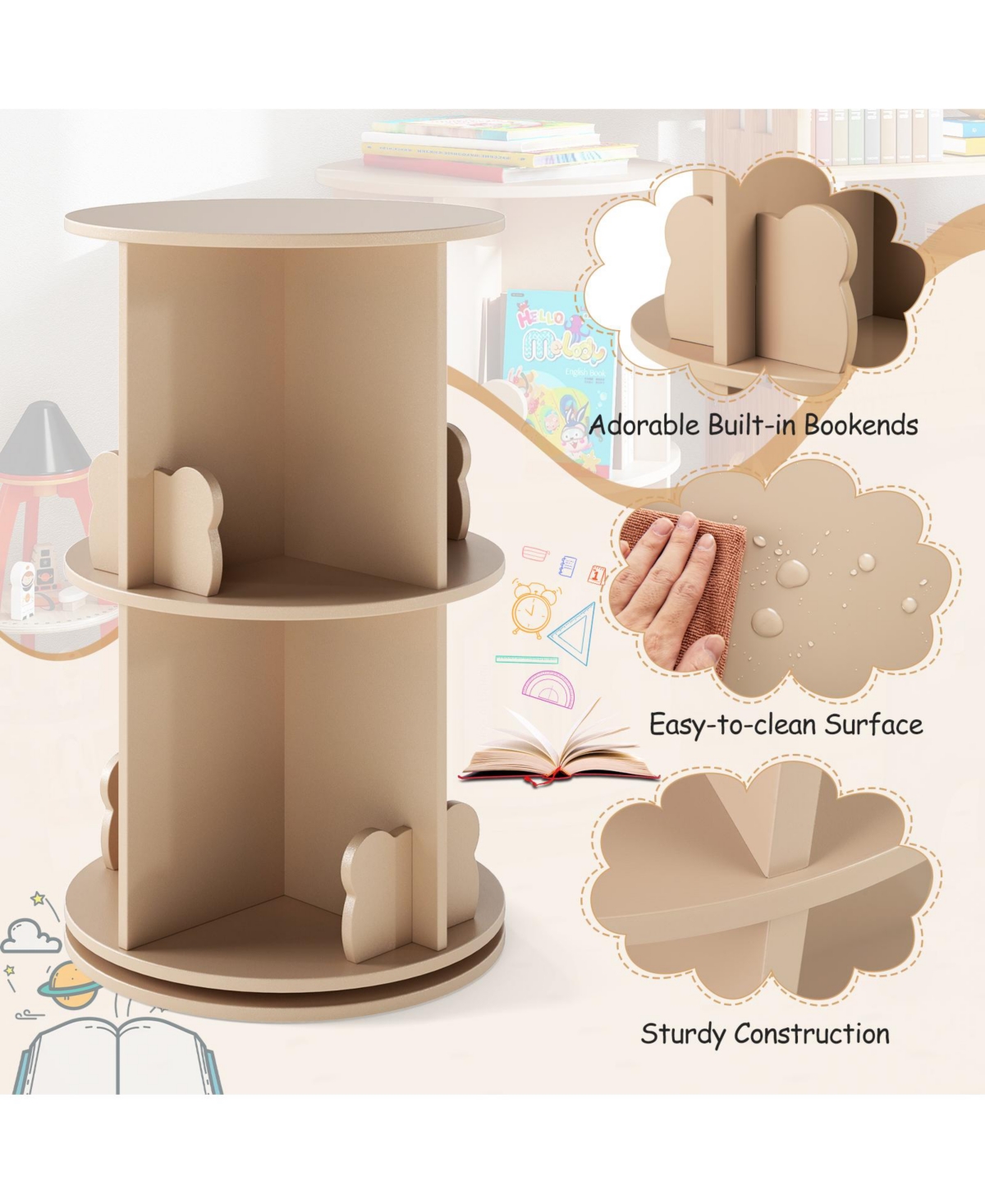 Gymax Kids Rotating Bookshelf Round Spinning Corner Bookcase with Bear Baffles