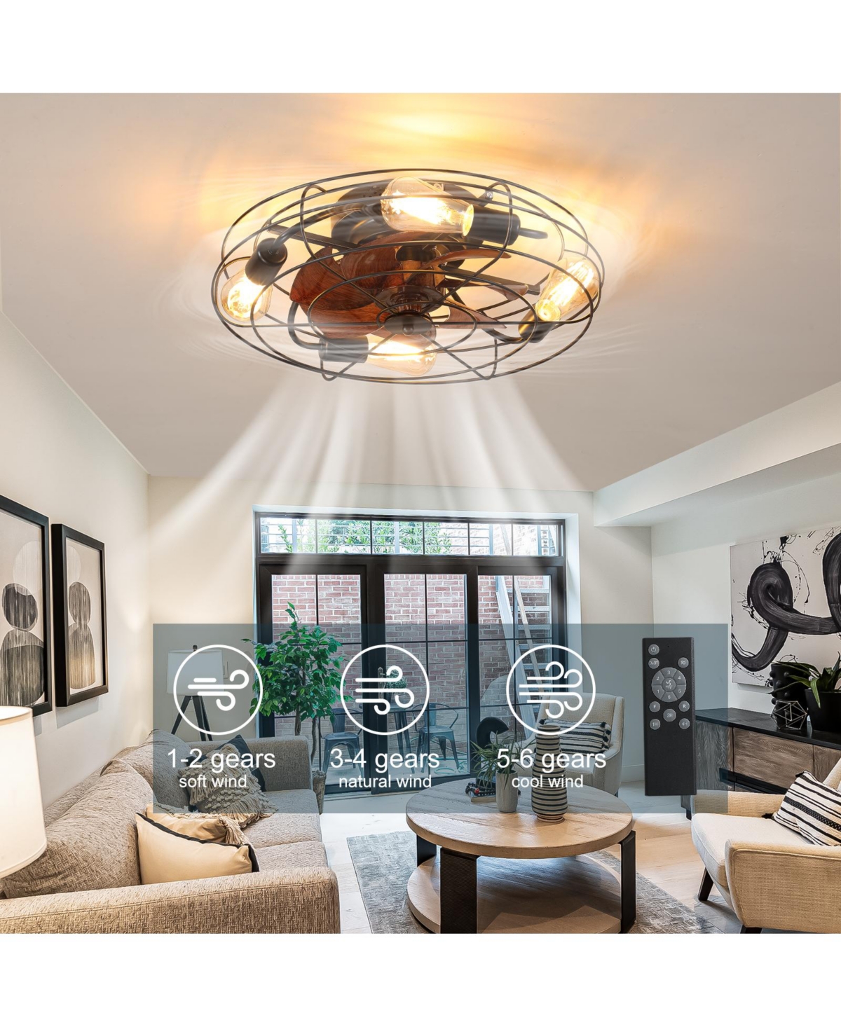 Clihome 20' inch Caged Ceiling Fan With Light, Low Profile Ceiling Fan With Remote Control