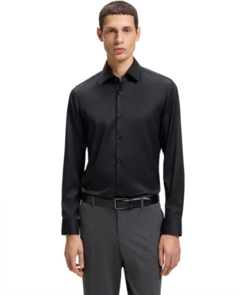 Мужская рубашка Hugo Boss Performance-Stretch Twill Slim-Fit Dress Shirt, цвет: Чёрный