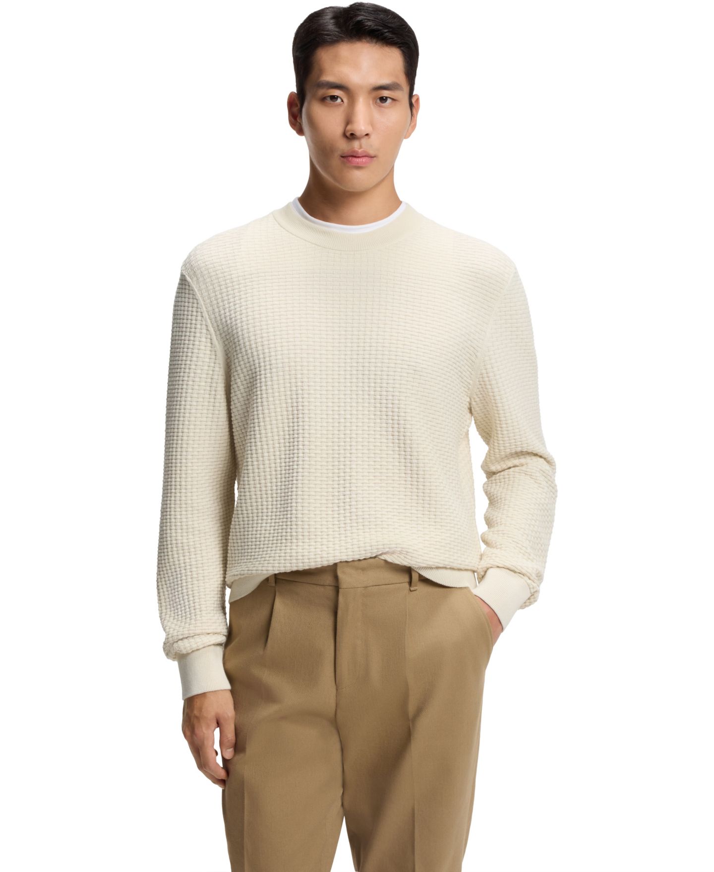 Мужской свитер Hugo Boss Knitted Structure Cotton, цвет: Белый — фото 1