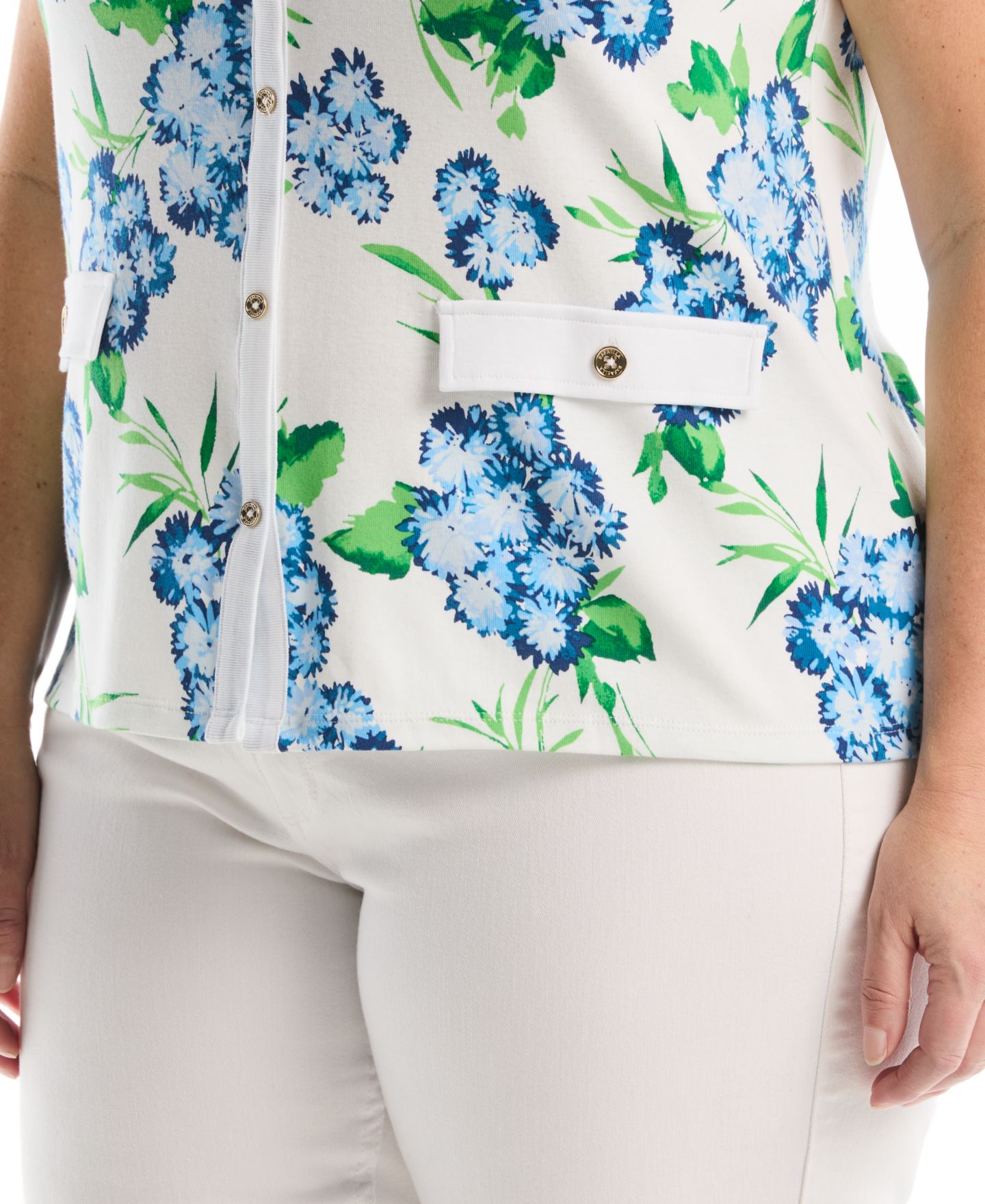 Женский топ Rafaella Plus Size Pom Floral Print Button-Front Sleeveless, цвет: Белый — фото 4