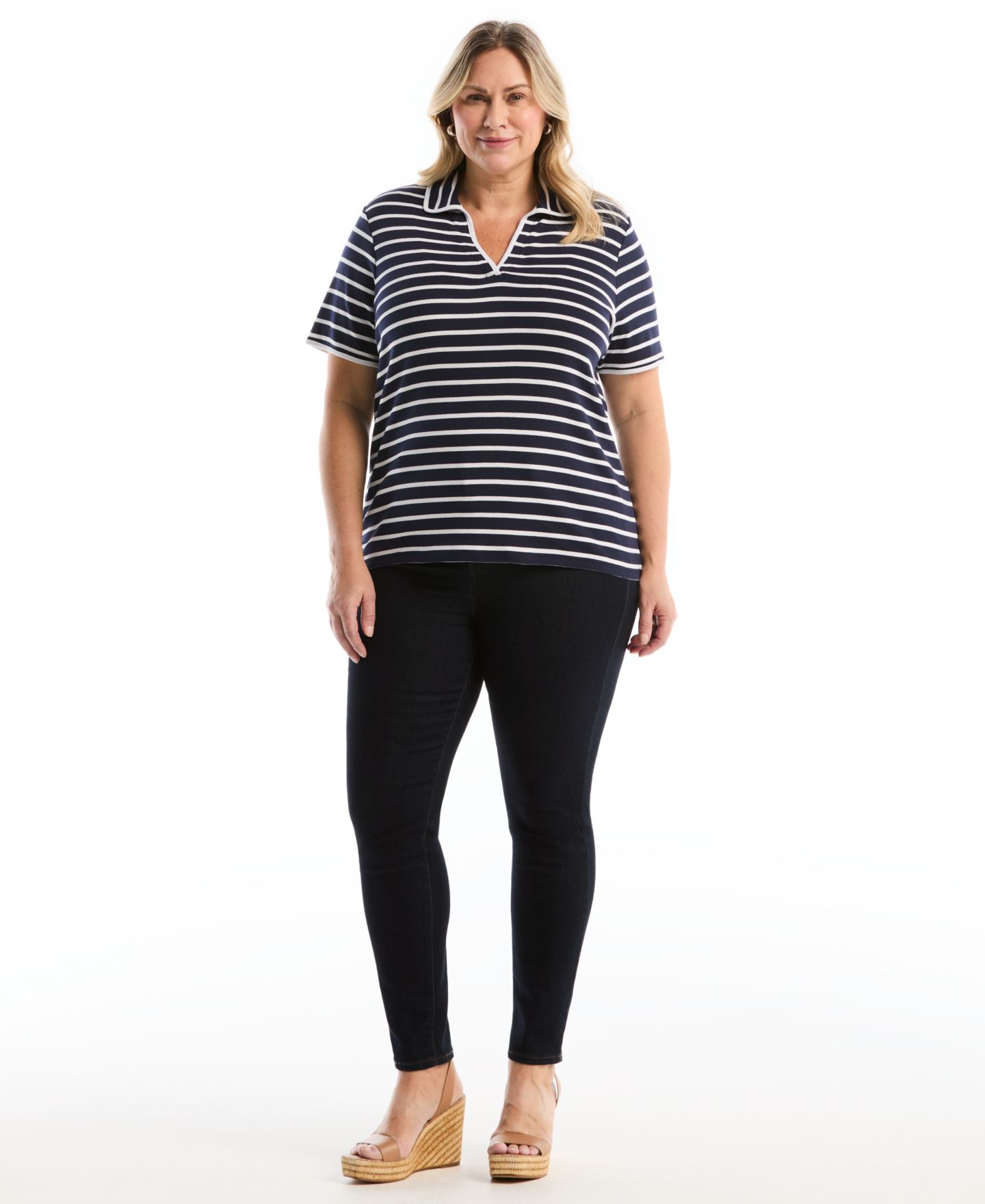 Женское поло Rafaella Plus Size Striped Contrast Trim Johnny Collar Short-Sleeve Polo, цвет: Peacoat — фото 2