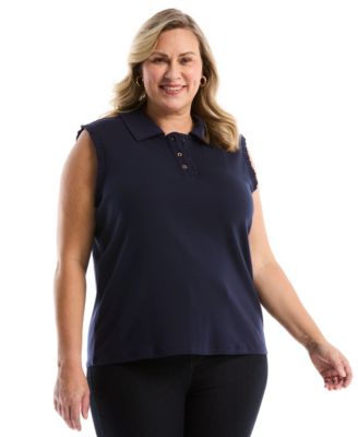 Plus Size Ruffle Trim Sleeveless Polo Shirt