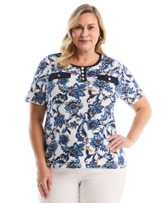 Plus Size Botanical Welt Pocket Button Detail Short-Sleeve Top