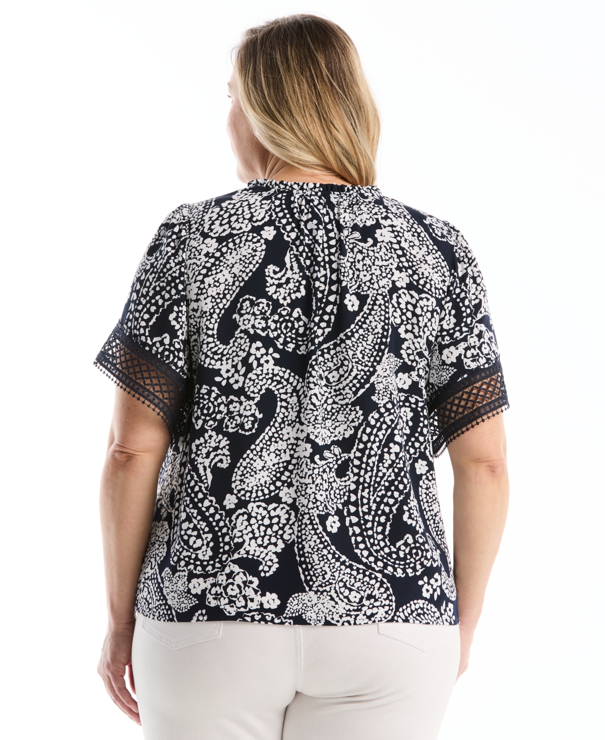 Rafaella Plus Paisley Print Flutter Lace Short Sleeve Blouse