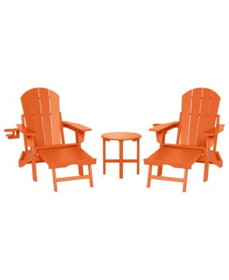 3-Piece Outdoor Folding Adjustable Adirondack Chair with Cup Holder and Hideaway Ottoman and 18" Side Table