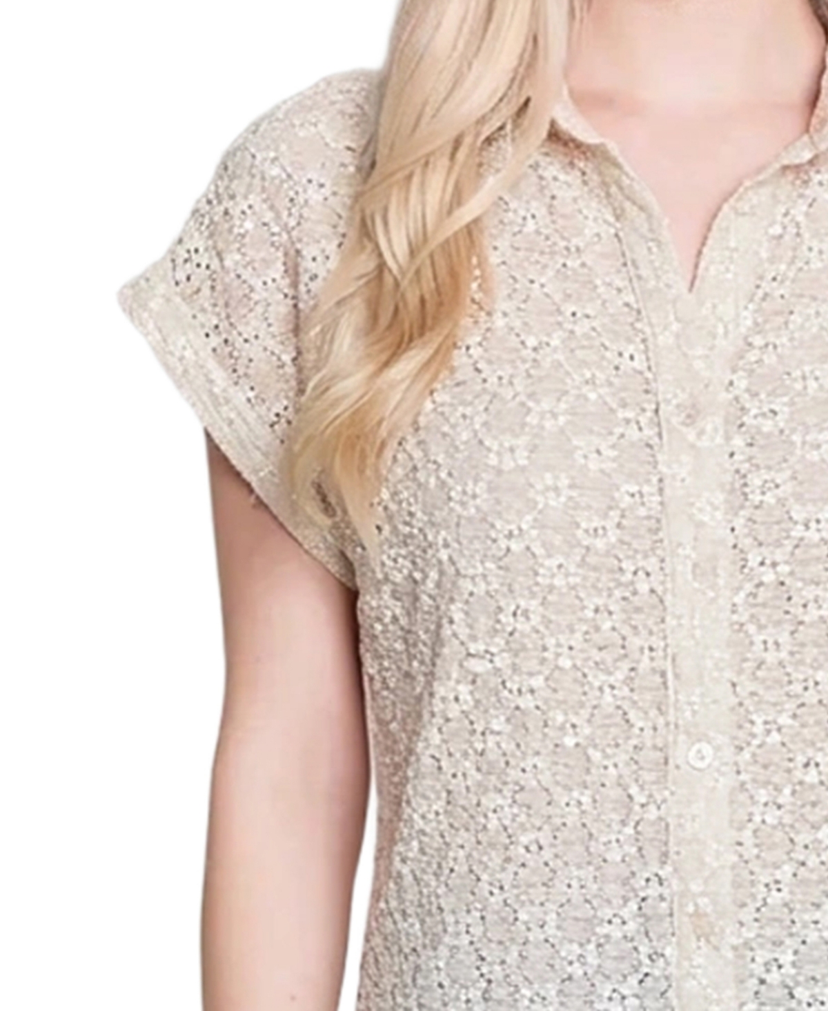 Ny Collection Petite Short-Sleeve Lace Blouse