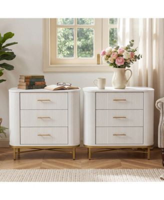 Nightstand with 3 Drawers Set of 2,   Modern Bedside Table, Fluted Night Stand with Gold Legs