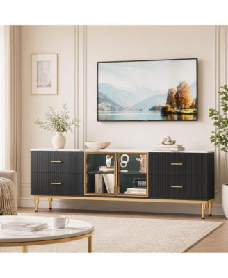 Contemporary Fluted TV Stand with Adjustable LED Lighting, Drawers and Open Shelves, Reinforced Engineered Wood with Metal Legs