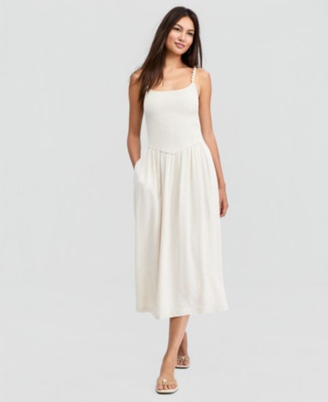 Женское платье And Now This Petite Linen-Blend Beaded Strap Smocked Midi, цвет: Слоновая кость