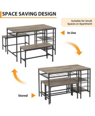 3-Piece Dining Set for 4, Table with 2 Benches, Rack & Storage