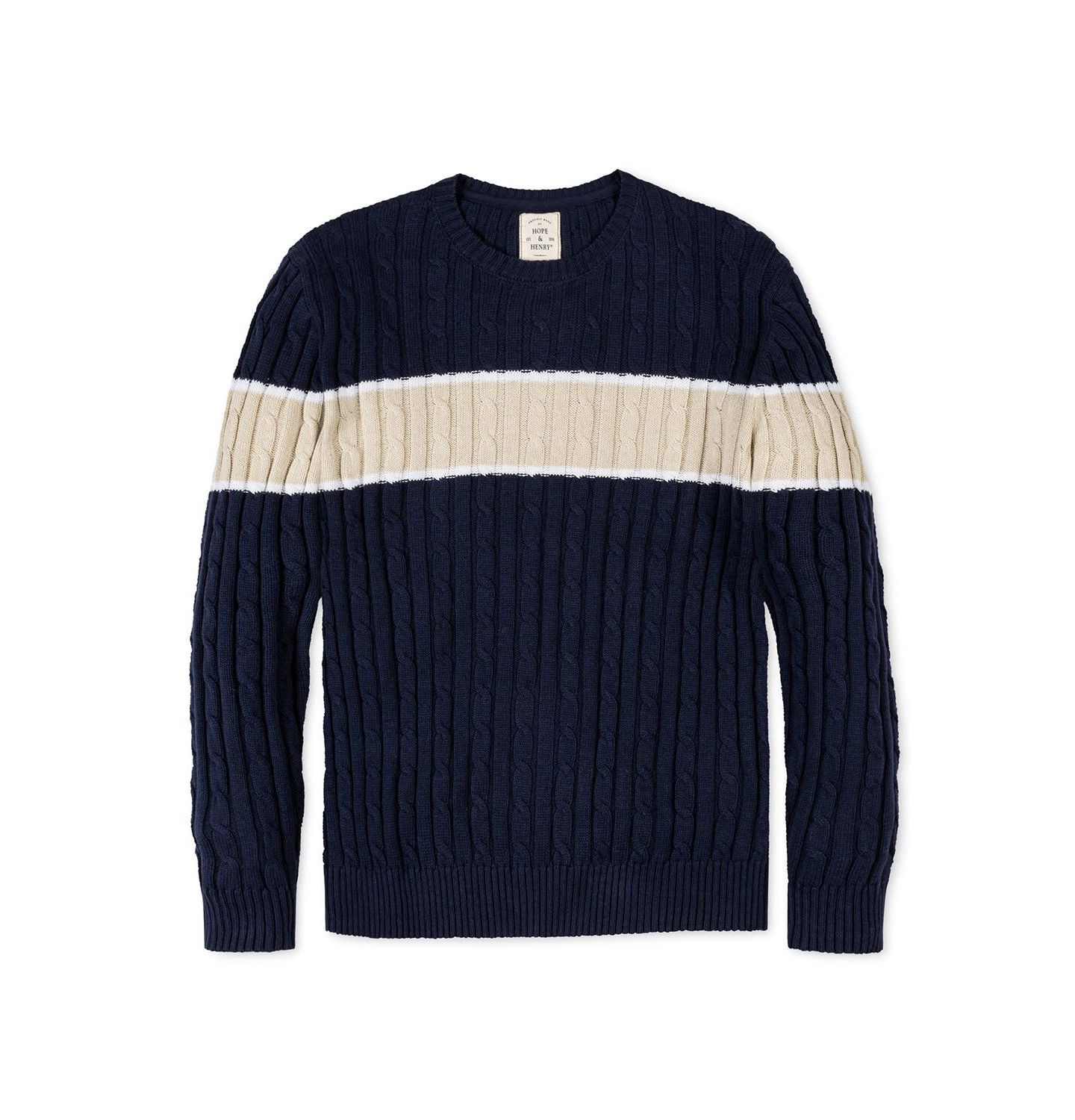 Мужской свитер Hope & Henry Organic Crew Neck Cable, цвет: Тёмно-синий полосатый — фото 4