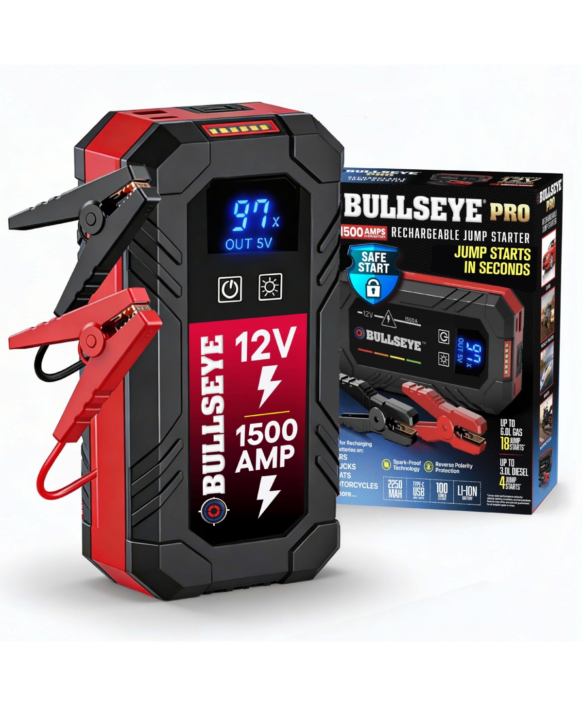 Bullseye Pro 12V 2250mAh Rechargeable Portable Battery Jump Starter with Light, Power Bank
